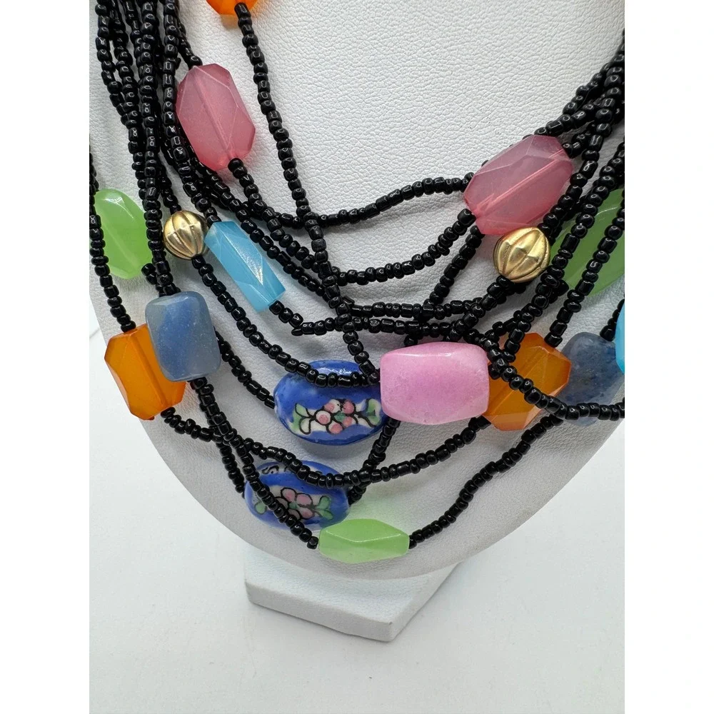 Vintage Multi Strand Black Seed Bead Necklace Colorful Acrylic Floral Porcelain